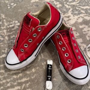Converse Red and White Slip-On Shoes with new shoelaces
